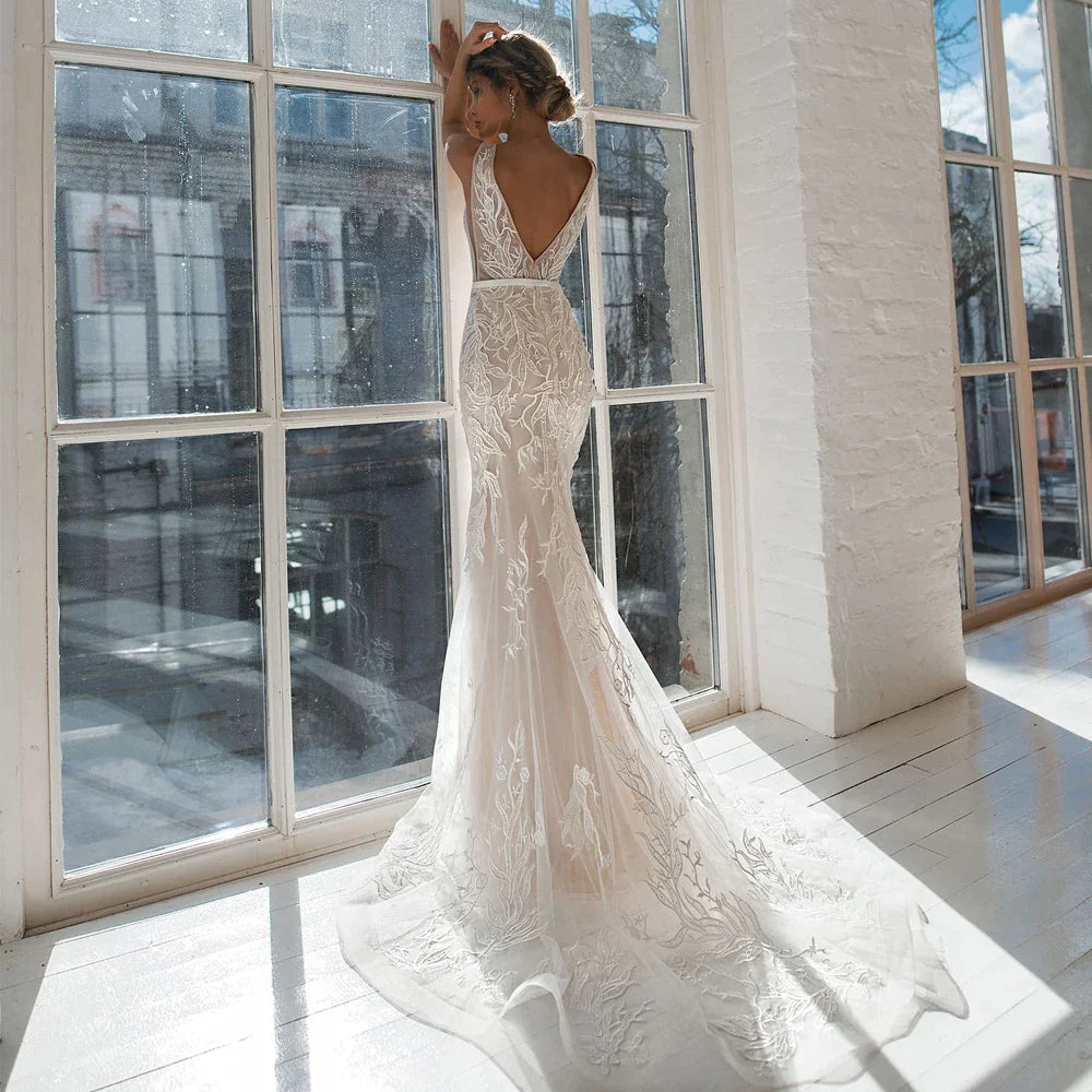 Sexy V-Neck Wedding Dresses Mermaid With Sashes Sleeveless Backless Lace Applique Bridal Gowns 2022 Custom Made Vestido De Noiva-payinti