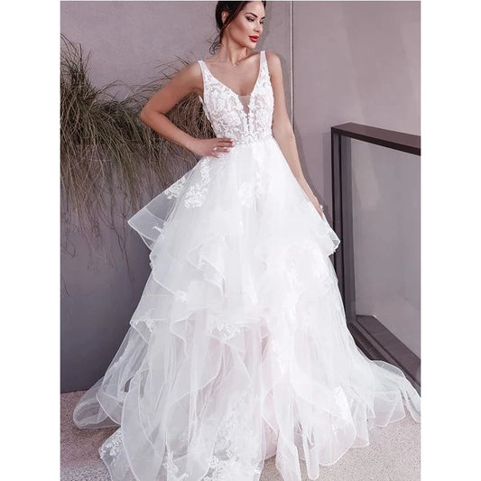 Sexy V-neck Double Shoulder Wedding Dresses White Sleeveless Bohemian Formal Beach Wedding Party Bridal Gowns 2023 Backless Robe-payinti