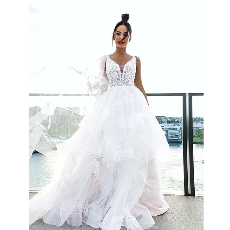 Sexy V-neck Double Shoulder Wedding Dresses White Sleeveless Bohemian Formal Beach Wedding Party Bridal Gowns 2023 Backless Robe-payinti