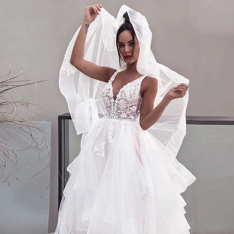 Sexy V-neck Double Shoulder Wedding Dresses White Sleeveless Bohemian Formal Beach Wedding Party Bridal Gowns 2023 Backless Robe-payinti