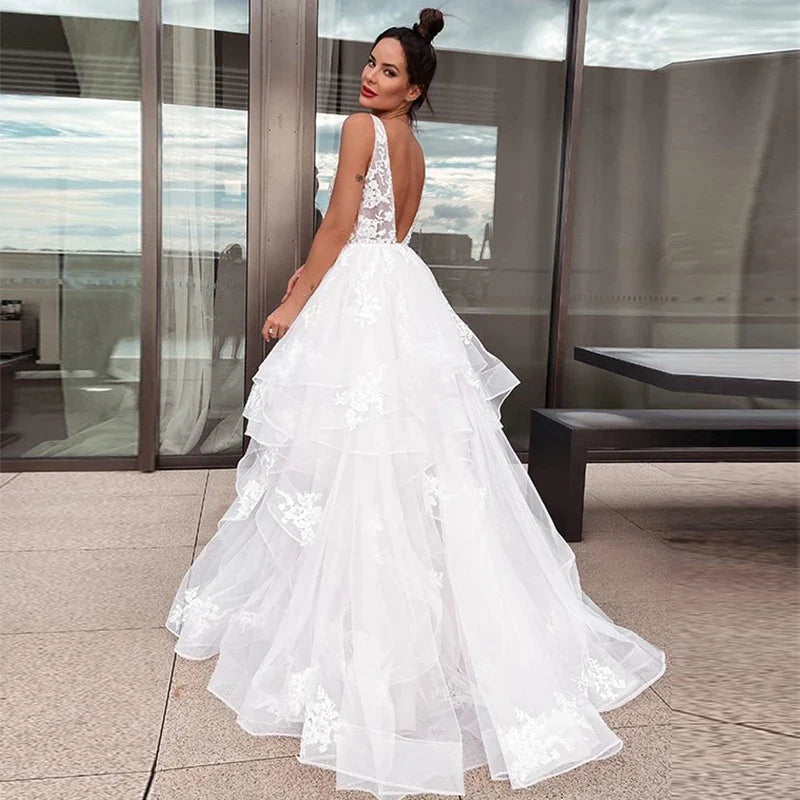 Sexy V-neck Double Shoulder Wedding Dresses White Sleeveless Bohemian Formal Beach Wedding Party Bridal Gowns 2023 Backless Robe-payinti