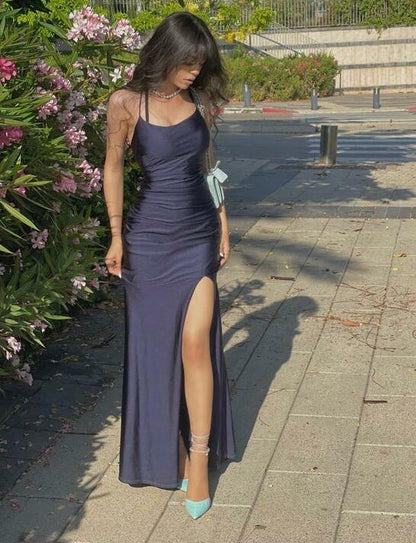 Sexy Neckholder-Kleid für Hochzeitsgäste in Marineblau, ärmellos, mit Schlitz