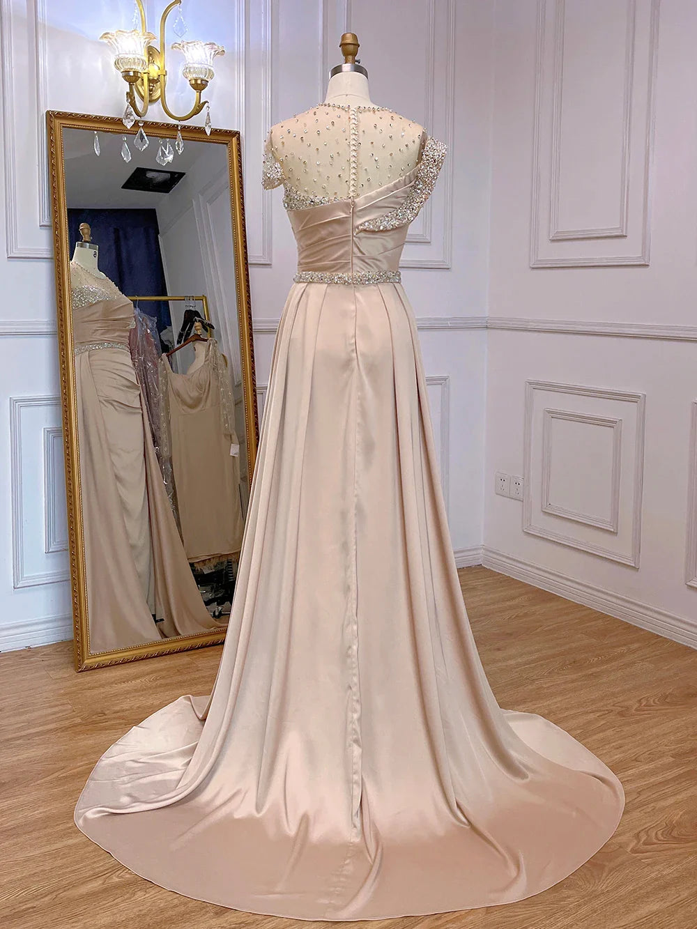 Arabic Nude Mermaid Elegant Satin With Overskirt Evening Dresses Gowns Luxury Beaded 2025 For Women Party LA71725