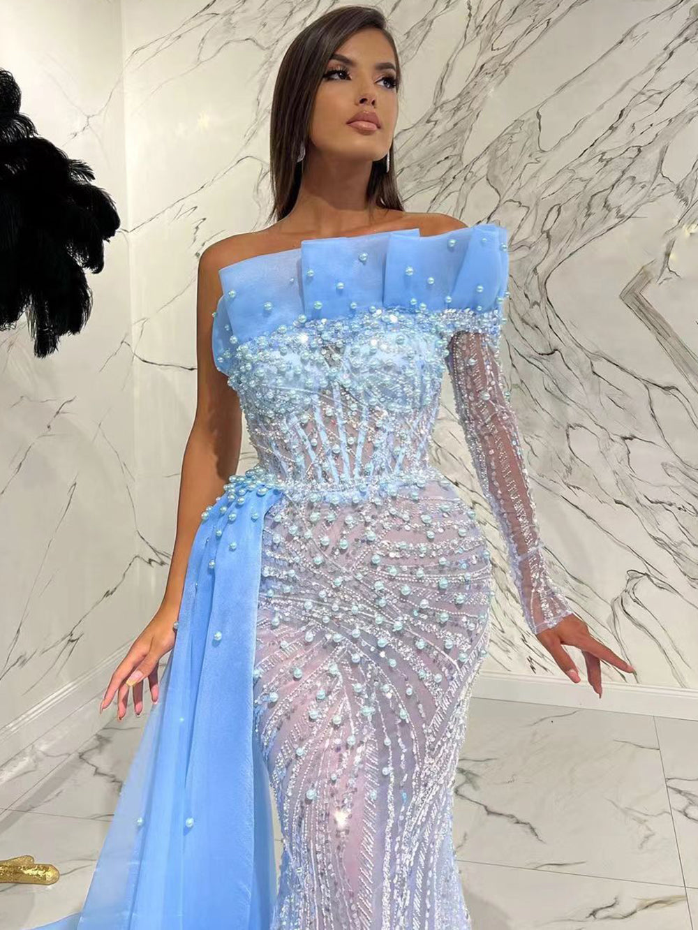 Vestido de noche elegante y sexy de sirena árabe azul con un solo hombro, 2025, con perlas de lujo y cuentas, para fiesta LA71718 