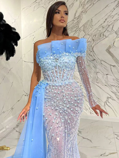 Vestido de noche elegante y sexy de sirena árabe azul con un solo hombro, 2025, con perlas de lujo y cuentas, para fiesta LA71718 