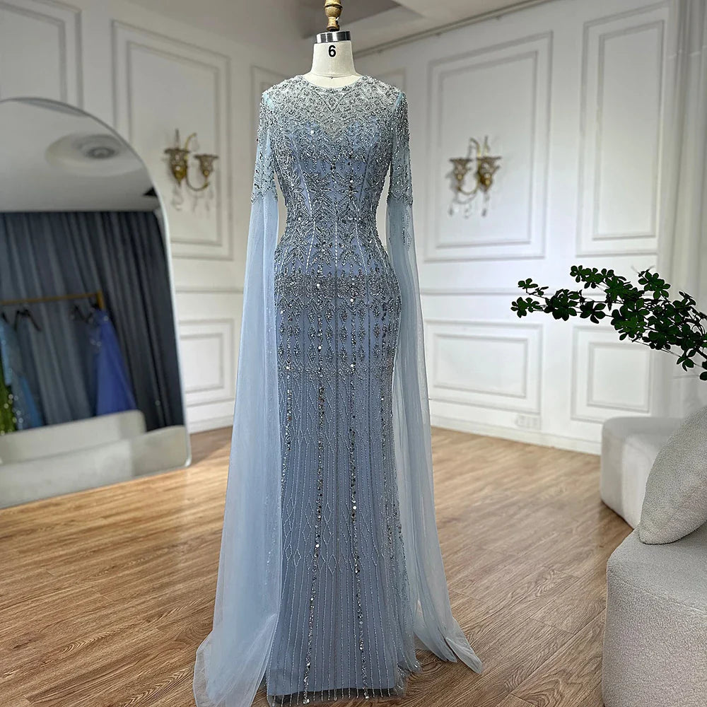 Vestido de noche elegante de sirena color caramelo de Arabia Saudita, con mangas estilo capa y cuentas de lujo para ocasiones formales, LA72775 