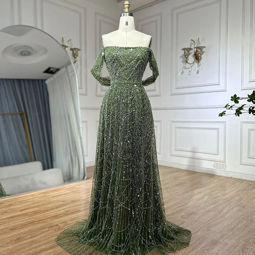 2025 Saudi Nude A Line Off Shoulder Evening Gown with Pearl Beaded Design for Formal Occasion LA72738A