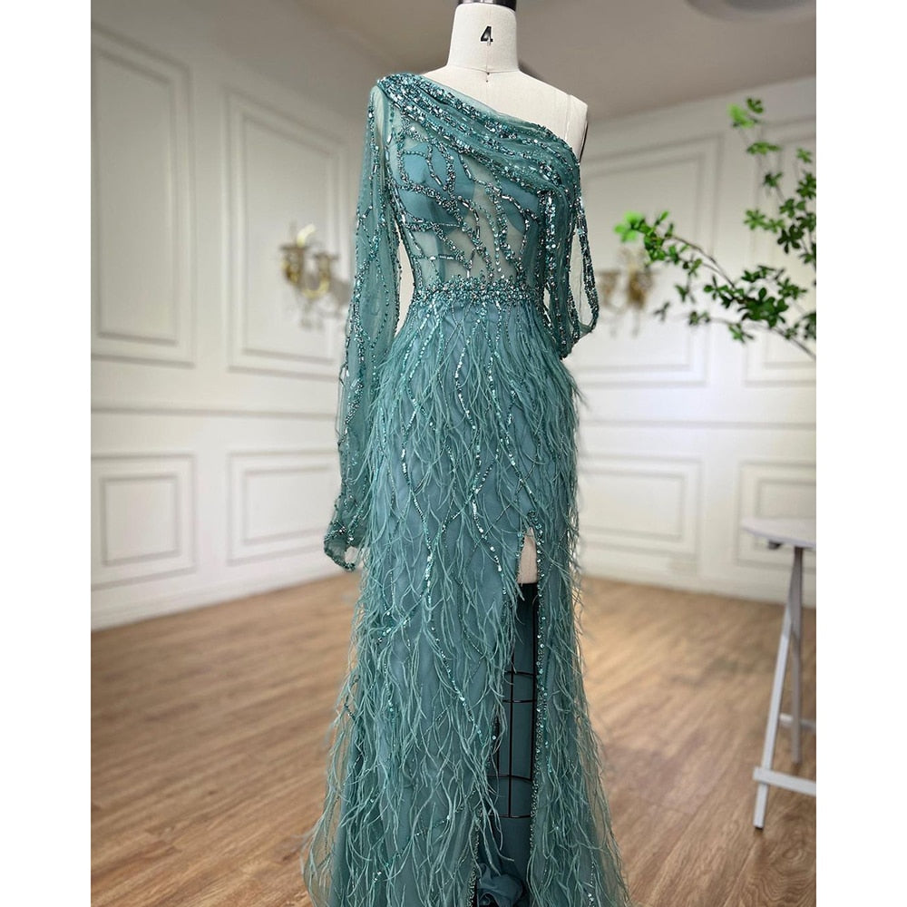 Dubai Eine Shouder Wein Roten Abendkleid Kleider Feder Split Perlen Luxus Meerjungfrau Formale Kleid 2025 LA70513 