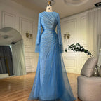 2025  Arabic Elegant Blue Beaded Saudi Evening Dresses Gowns for Formal Occasion LA72822