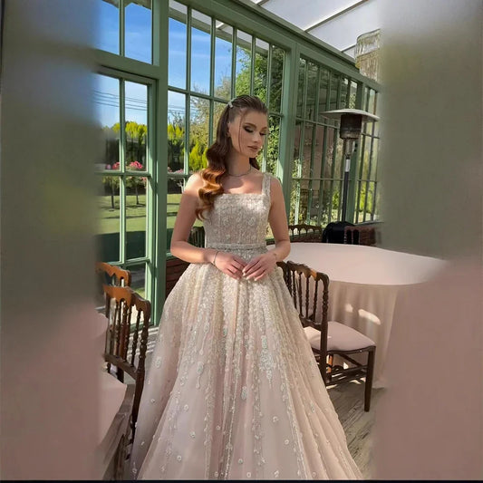Saudi-Arabien Nude Square Neck Elegantes A-Linien-Abendkleid mit Perlen für formelle Anlässe LA72835