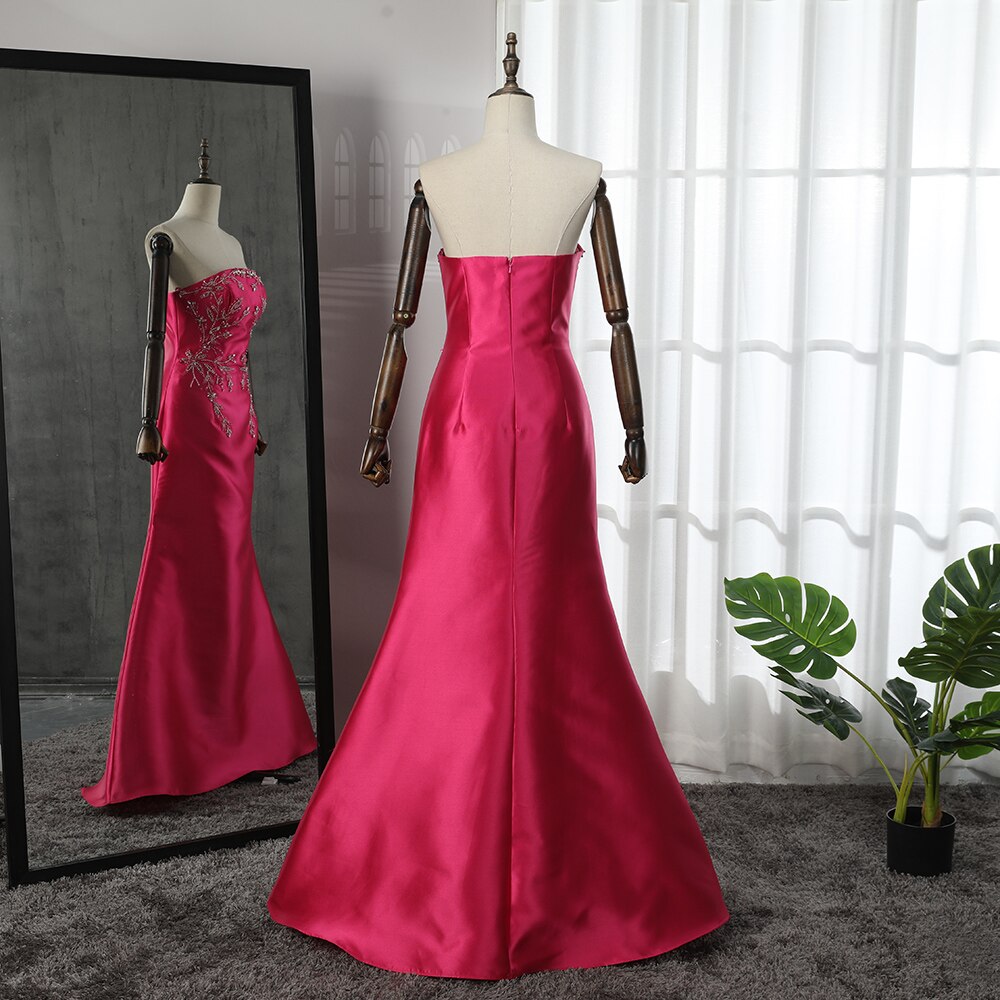 Vestido de noche árabe fucsia de satén con escote sirena, sin tirantes y chaqueta con cuentas, para mujer, boda, fiesta, LA71896 
