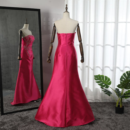 Vestido de noche árabe fucsia de satén con escote sirena, sin tirantes y chaqueta con cuentas, para mujer, boda, fiesta, LA71896 