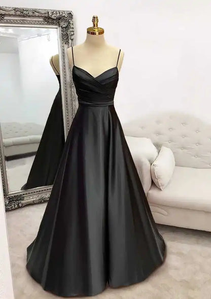 2025 Arabic Green A-Line Spaghetti Straps Floor-Length Satin Prom Dress with Pleats for Women's Party LA72684