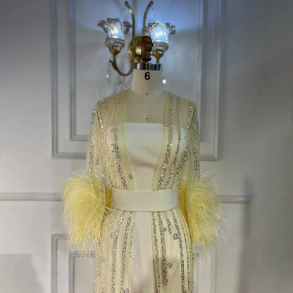 Vestido de noche marroquí con plumas y cuentas, corte A, color crema, con chaqueta, para fiesta, LA71759 