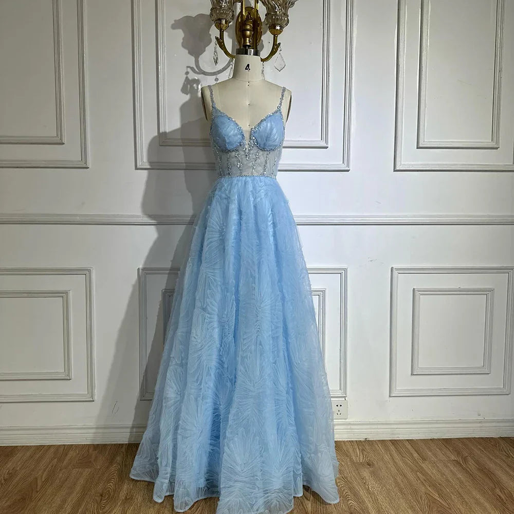 2025 Arabic Sage Green Elegant Spaghetti Strap Backless A-Line Prom Dress for Women | Wedding Party LA72636
