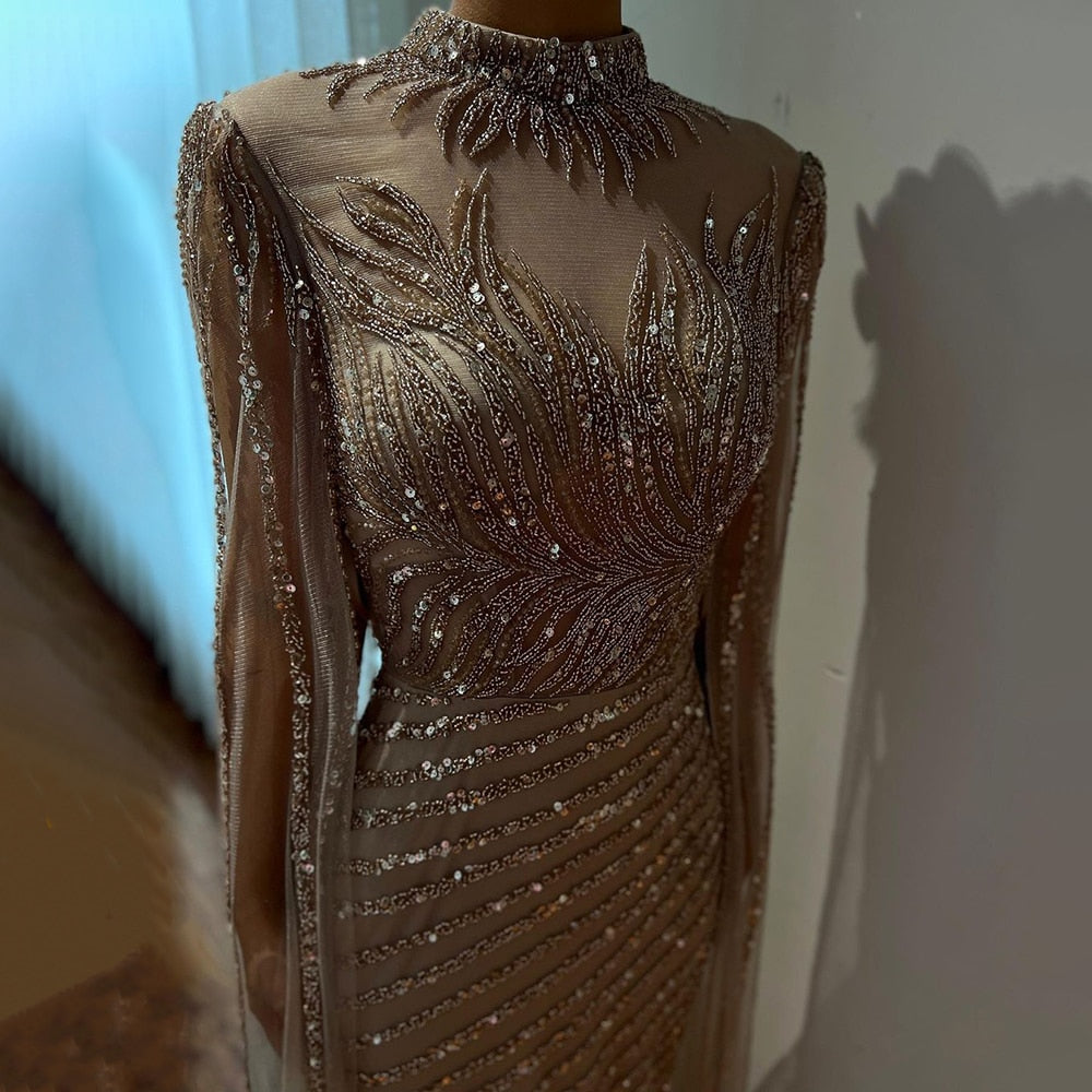 Arabisch Karamell Meerjungfrau Sexy Cape Ärmel Spitze Perlen Lange Abendkleider Kleider 2025 Für Frauen Hochzeit Party LA71885 