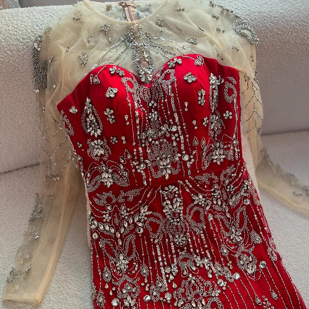 Luxuriöses, perlenbesetztes, blaues Abendkleid mit langen Ärmeln und Überrock LA72757