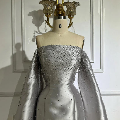 2025 Luxury Off Shoulder A Line Gray Satin Evening Gown Pearl Beaded for Formal Occasion LA72779