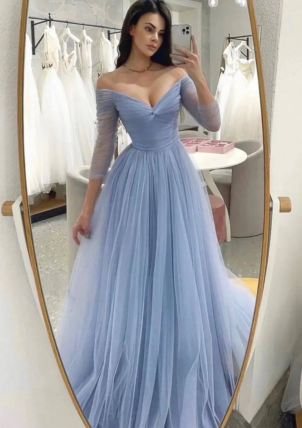 Vestido de fiesta azul árabe de tul con hombros descubiertos y pliegues, corte A, para mujer, LA72690 