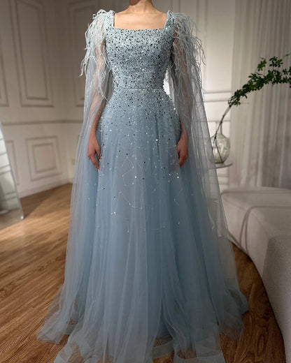 Vestidos de noche saudíes de lujo, corte A, azul árabe, con plumas, mangas capa y cuentas, para ocasiones formales 2025 LA71782A 