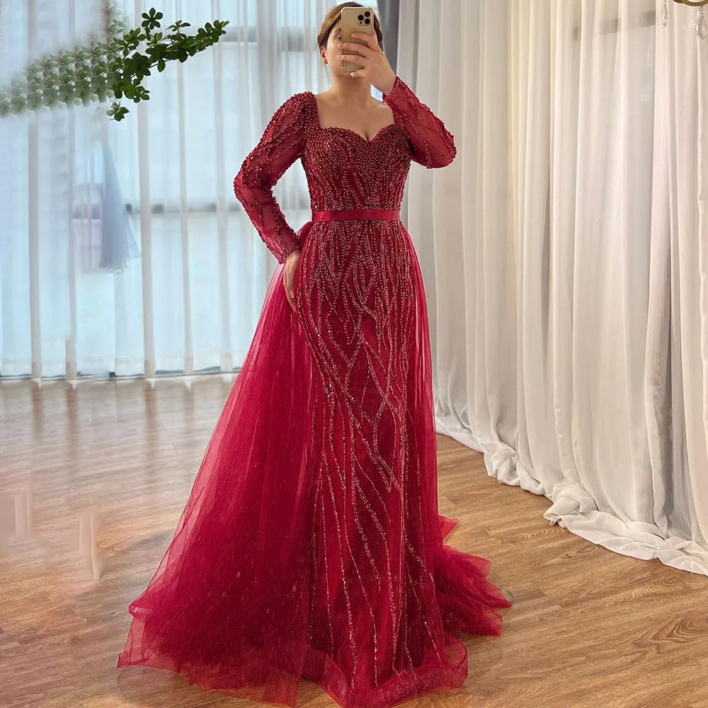 Vestido de noche elegante árabe con cuentas y perlas de lujo de sirena azul para mujer, fiesta de bodas LA71861 