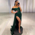 Vestido de noche negro de corte sirena con abertura alta, elegante sobrefalda para mujer, fiesta, LA71661, 2025 
