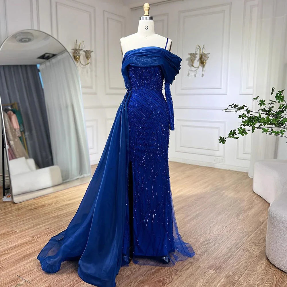 Blau Meerjungfrau Elegant Eine Schulter Abendkleider Kleider Luxus Perlen Perlen Für Frauen Hochzeit Party 2025 LA72244 
