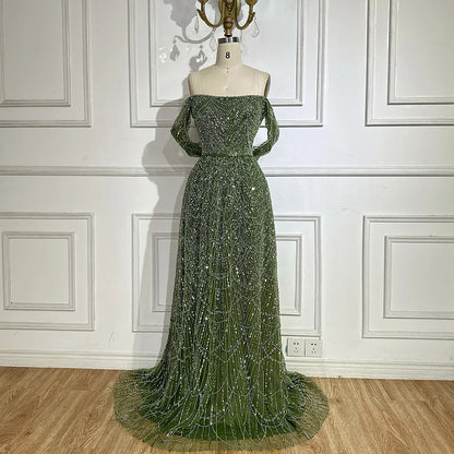2025 Saudi Nude A Line Off Shoulder Evening Gown with Pearl Beaded Design for Formal Occasion LA72738A
