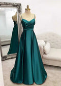 2025 Arabic Green A-Line Spaghetti Straps Floor-Length Satin Prom Dress with Pleats for Women's Party LA72684