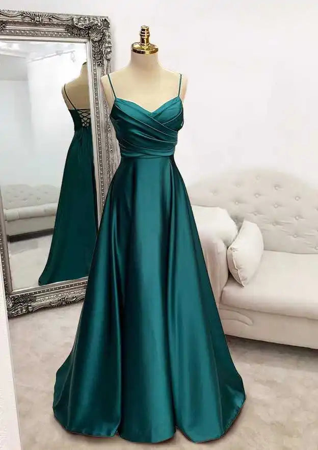 2025 Arabic Green A-Line Spaghetti Straps Floor-Length Satin Prom Dress with Pleats for Women's Party LA72684