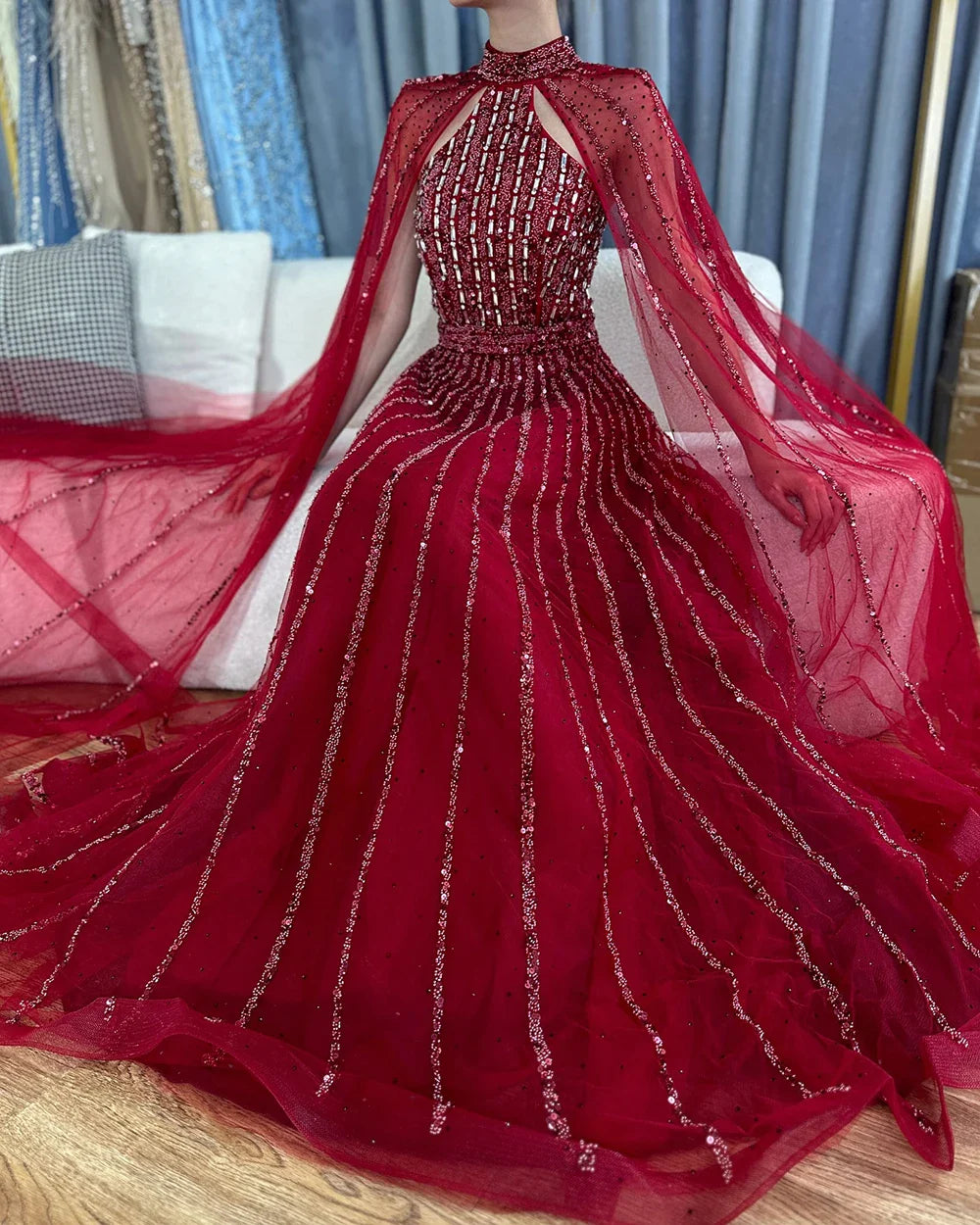 Arabisch Türkis EINE Linie Cape Ärmel Perlen Luxus Dubai Abendkleider Kleider Für Frauen Hochzeit Party 2025 LA72306A 