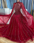 Arabisch Türkis EINE Linie Cape Ärmel Perlen Luxus Dubai Abendkleider Kleider Für Frauen Hochzeit Party 2025 LA72306A 
