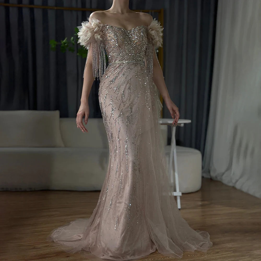 Arabisch Dubai Nude Mermaid Luxus Abendkleider Kleider Boot-ausschnitt Perlen Quaste Für Frauen Hochzeit Party 2025 LA72260 