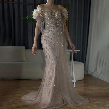 Vestidos de noche de lujo estilo sirena, estilo árabe, estilo Dubái, con escote barco y borlas de cuentas para mujer, para boda, fiesta, 2025, LA72260 