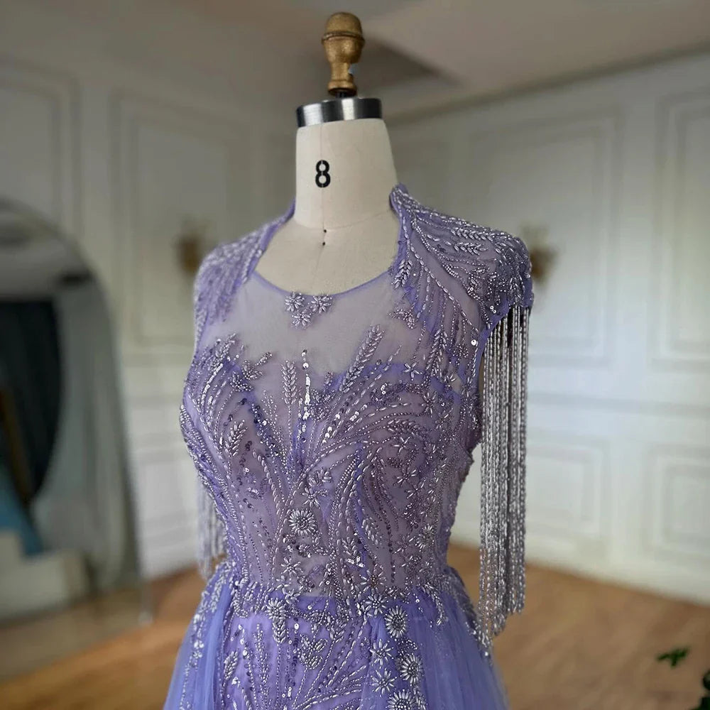 2025 Arabic lilac Elegant A Line Beaded Tassel Luxury Dubai Evening Dresses Gowns for Woman Wedding Party LA72422