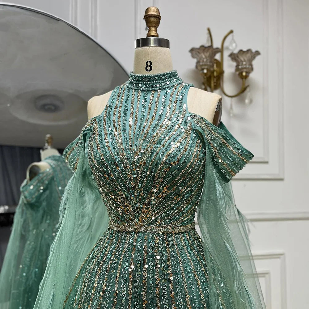 2025 Arabic Turquoise Cape Sleeves A-Line Beaded Feathers Long Evening Gowns for Women Wedding Party LA72644