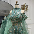 2025 Arabic Turquoise Cape Sleeves A-Line Beaded Feathers Long Evening Gowns for Women Wedding Party LA72644