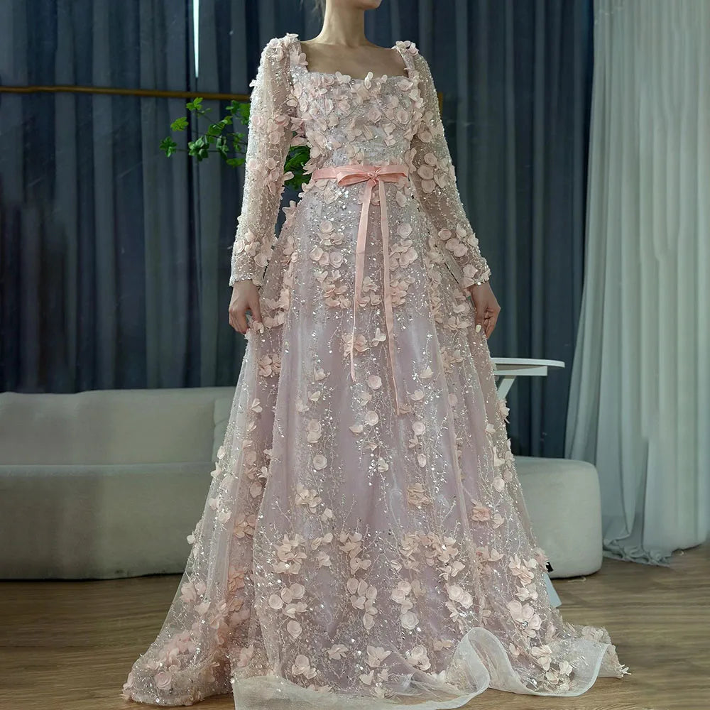 Arabisch Grau A-Linie Elegante Applikationen Luxus Perlen Abendkleider für Frauen Hochzeit Party LA72657 