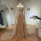 Nude Mermaid Evening Dresses Gowns with Detachable Cape Sleeves and Lace Up Back for Formal Occasion LA72824