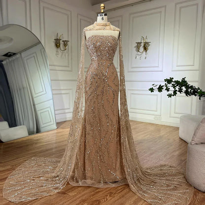 Vestidos de noche de sirena color piel con mangas capa desmontables y espalda con cordones para ocasiones formales LA72824