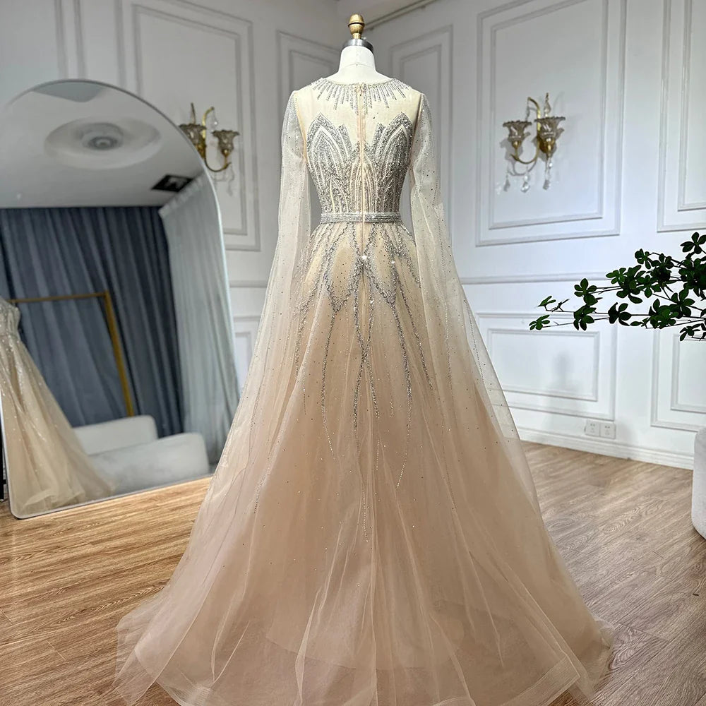2025 Nude Blue Elegant A-Line Beaded Long Arabic Evening Dresses Gowns with Cape Sleeves for Formal Occasion LA72785