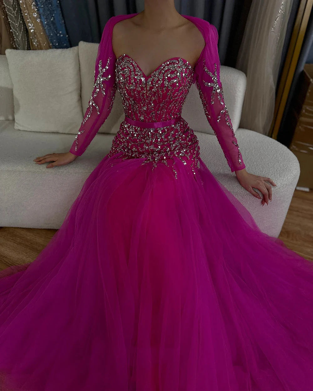 En oferta, sin devolución ni reembolso, vestido de noche árabe sexy fucsia de corte A con mangas largas y cuentas de lujo para mujer, fiesta 2025 LA71810 