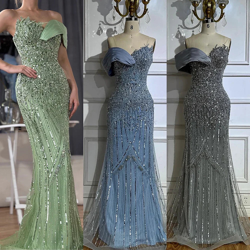 2025 Arabic Green Mermaid Elegant One Shoulder Beaded Long Evening Dresses Gowns for Formal Occasion LA72650