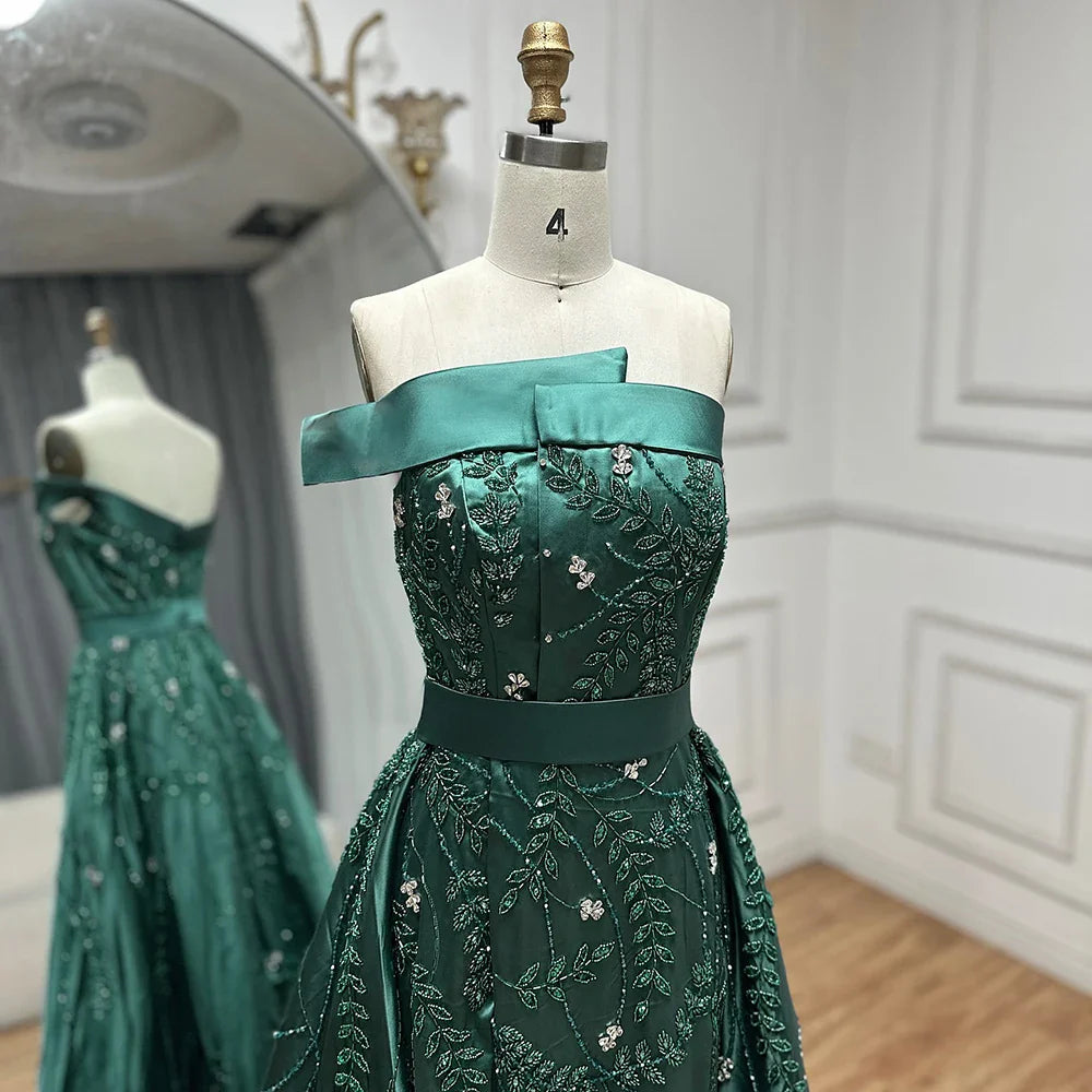 2025 Green Arabic One-Shoulder Satin Evening Gown Beaded Dress with Overskirt and Split for Formal Occasion LA72178