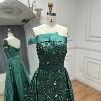 2025 Green Arabic One-Shoulder Satin Evening Gown Beaded Dress with Overskirt and Split for Formal Occasion LA72178