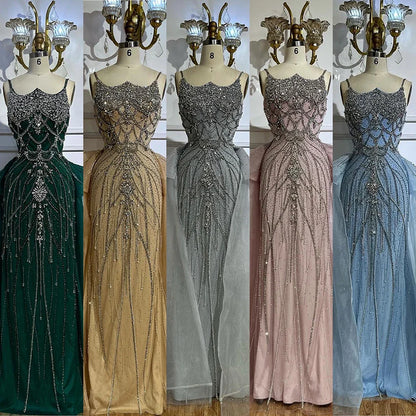 2025 Nude Saudi Beaded Spaghetti Strap Evening Dresses Gowns with Overskirt for Formal Occasion LA72810