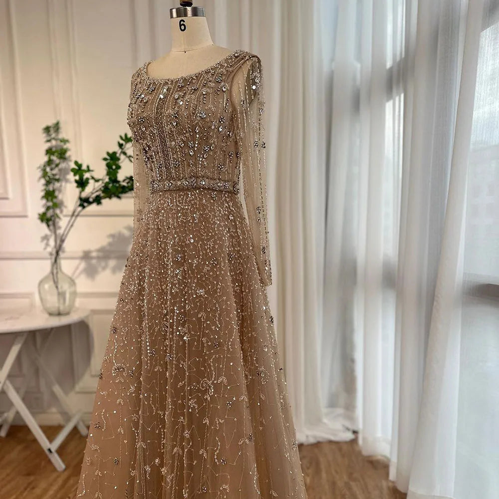 Vestidos de noche de lujo de diseñador árabe de Dubái, color nude, corte A, con cuentas, para mujer, para boda, fiesta, 2025, LA72088 