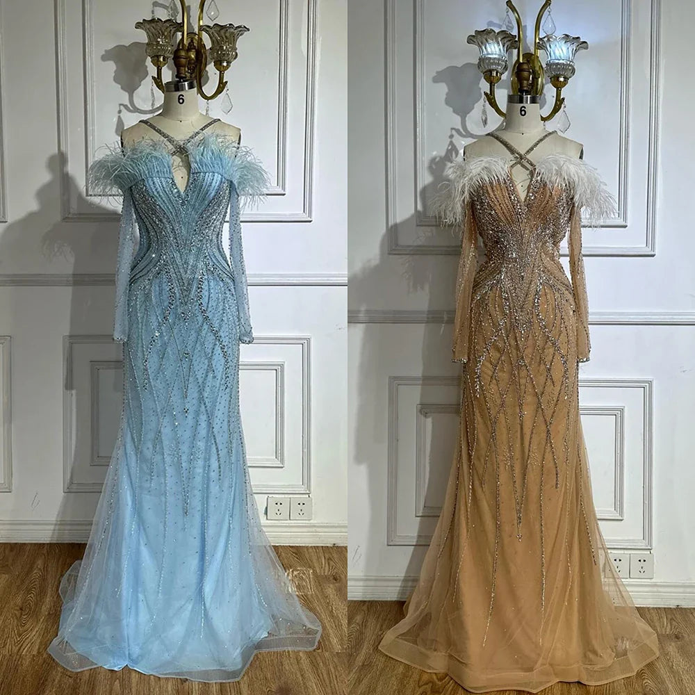 2025 Blue Feather Beaded Luxury Mermaid Evening Dresses Gowns for Women Formal Occasion LA72836