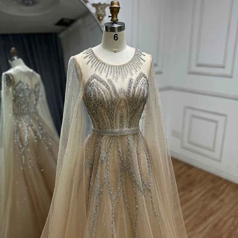 2025 Nude Blue Elegant A-Line Beaded Long Arabic Evening Dresses Gowns with Cape Sleeves for Formal Occasion LA72785