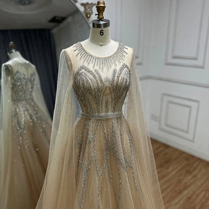 2025 Nude Blue Elegant A-Line Beaded Long Arabic Evening Dresses Gowns with Cape Sleeves for Formal Occasion LA72785